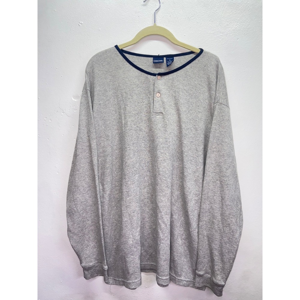 Cherokee Heather Gray Waffle Knit Thermal Henley Long Sleeve Shirt Cotton Men XL